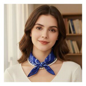 Tigerstars Blue Fabric Bandana Scarf Pearl Layered Necklace